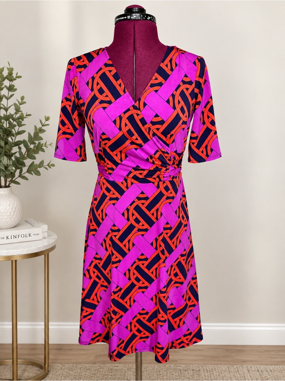 Donna Morgan Pink and Red Geometric Wrap Dress